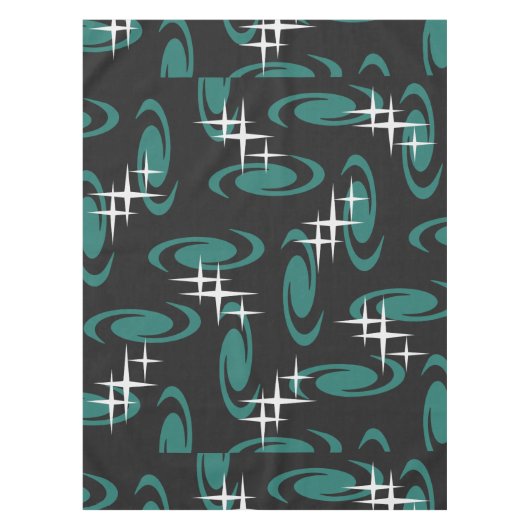 Atomic Age Swirls Stars Pattern Black Teal テーブルクロス (正面)