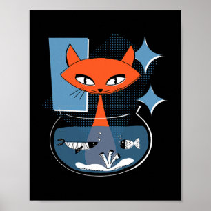 Atomic Cat with Fish Bowl Mid Century Modern ポスター