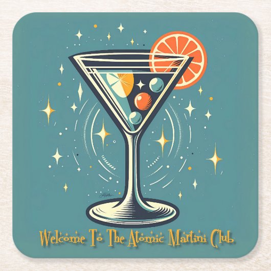 Atomic Martini Club Retro Futuristic Cocktail スクエアペーパーコースター (正面)