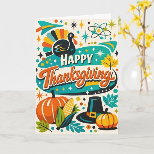 Atomic Mid Century Thanksgiving Turkey Pumpkin カード (黄色い花)