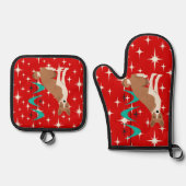 Atomic Retro Basenji Dog Red Starburst Mid Century 鍋つかみ&鍋敷きセット (正面)