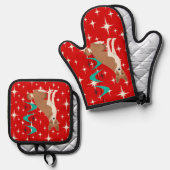 Atomic Retro Basenji Dog Red Starburst Mid Century 鍋つかみ&鍋敷きセット (正面/裏面)