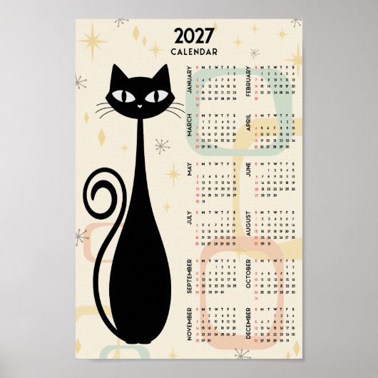 Atomic Retro Black Cat Mid Century 2027 Calendar ポスター (正面)