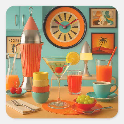 Atomic Retro Futuristic Martini Breakfast Bar スクエアシール (正面)