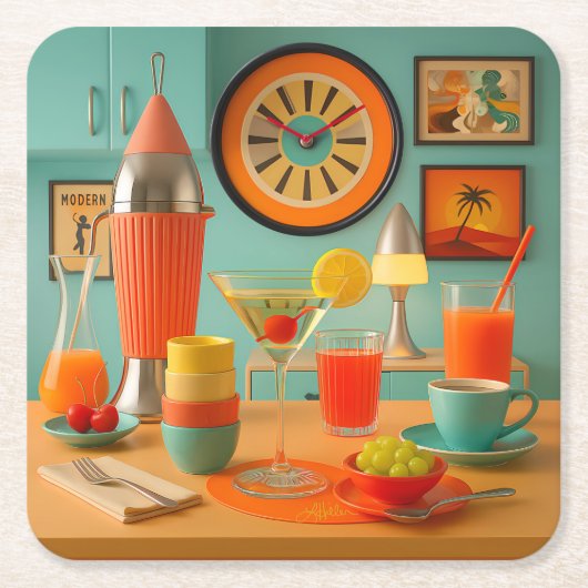 Atomic Retro Futuristic Martini Breakfast Bar スクエアペーパーコースター (正面)