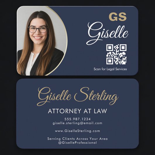 Attorney at Law QR Code Photo Navy Blue Gold  名刺