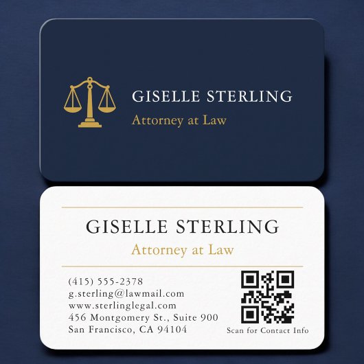 Attorney Navy Blue Gold QR Code Professional 名刺