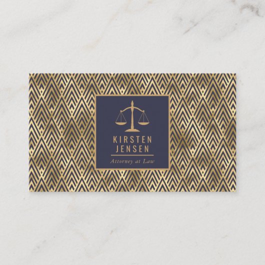 Attorney QR Code Blue Gold Geometric Deco Pattern 名刺 (正面)