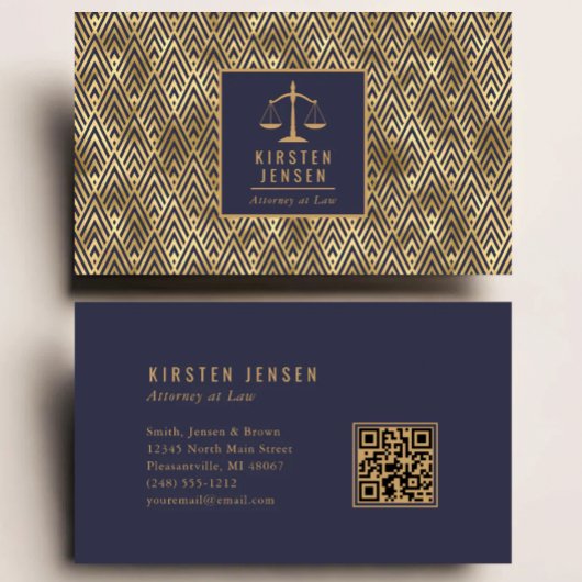 Attorney QR Code Blue Gold Geometric Deco Pattern 名刺