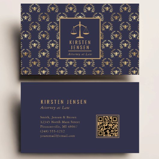 Attorney QR Code Dark Blue Gold Bee Laurel Pattern 名刺