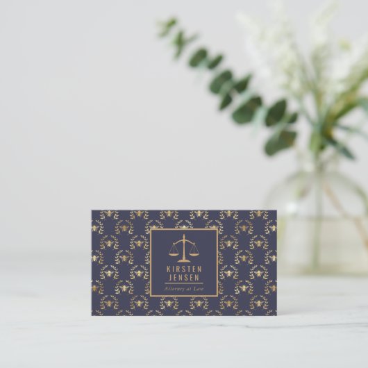 Attorney QR Code Dark Blue Gold Bee Laurel Pattern 名刺 (スタンド正面)