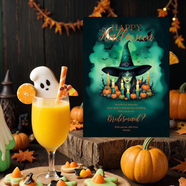 Attractive Halloween Witch Conjures Bridesmaid  (Attractive & Mystical Halloween Witch Conjures Enchanting Spells Amid Glowing Candles Bridesmaid.)