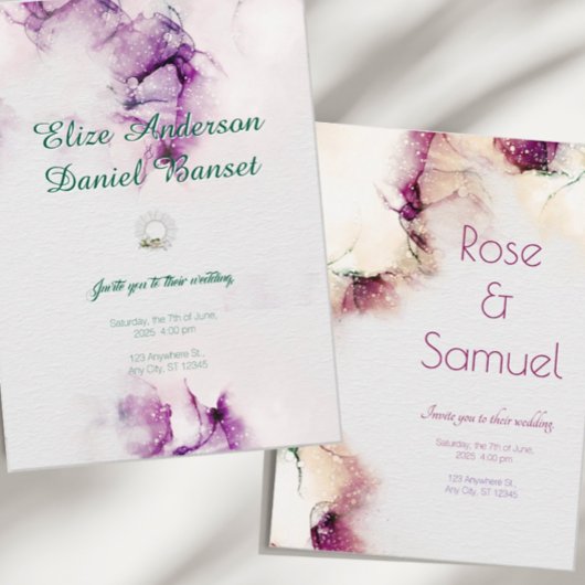 Aubergine Alcohol Ink Chic Wedding Invitation 招待状