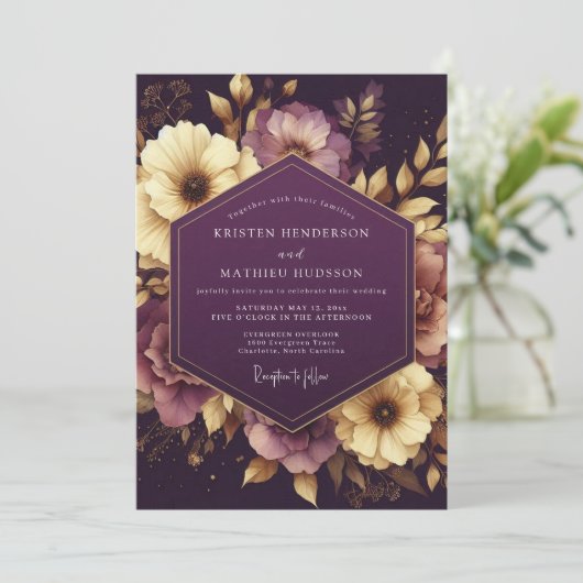 Aubergine Baroque Bloom Wedding 招待状 (スタンド正面)