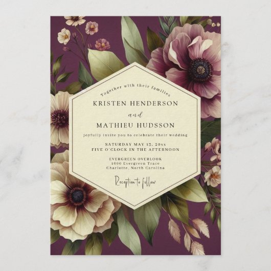 Aubergine Sovereign Bloom Wedding 招待状 (正面)