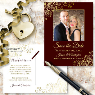 Auburn Brownと金ゴールド写真Save the Date 結婚's 案内ポストカード