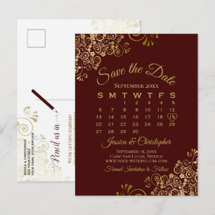 Auburn Brown Gold Wedding Save the Date Calendar 案内ポストカード