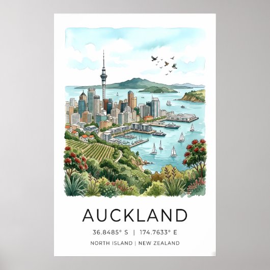 Auckland Skyline Print Coastal Watercolor Art ポスター (正面)