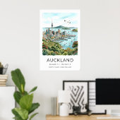 Auckland Skyline Print Coastal Watercolor Art ポスター (ホームオフィス)