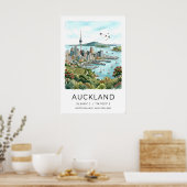 Auckland Skyline Print Coastal Watercolor Art ポスター (キッチン)