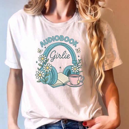 Audiobook Blue 女の子らし Books and Headphones Tシャツ