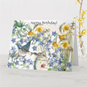 Audubonのブルーバードの鳥の花のバースデー・カード カード (黄色い花)