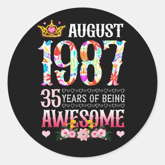 August 1987 35th Birthday 35 Years Awesome Floral ラウンドシール (正面)
