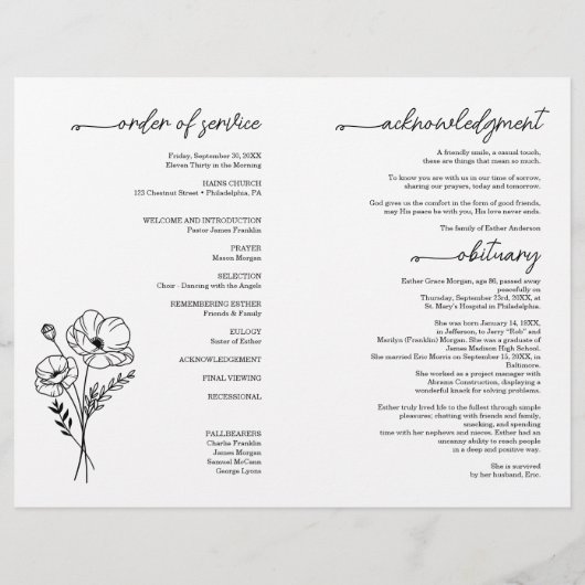 August Birth Month Flower Funeral Program チラシ (裏面)
