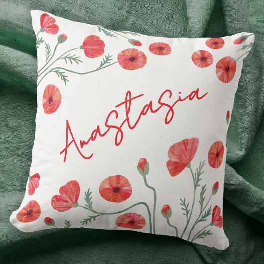 August Birth Month Flower Poppy Personalized クッション