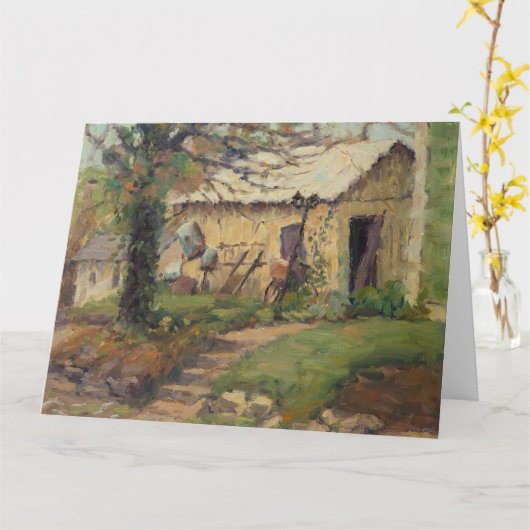 Augusta Missouri Homeの後ろに置かれた風光明媚な古いツール カード (黄色い花)