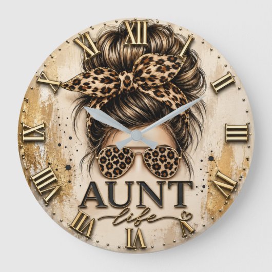 Aunt Life Leopard Print Messy Bun Cheetah ラージ壁時計 (正面)