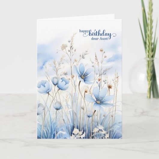 Aunt's Birthday Blue Watercolor Wildflowers カード (正面)