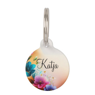 Auqarell Blumen auf Halbmond ペット　ネームタグ