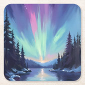 Aurora Borealis | Northern Lights Watercolor スクエアペーパーコースター (正面)