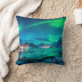 Aurora borealis over the sea coast, snowy mountain クッション (ブランケット)