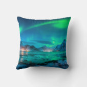 Aurora borealis over the sea coast, snowy mountain クッション (裏面)