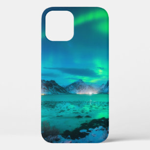 Aurora borealis over the sea coast, snowy mountain iPhone 12ケース