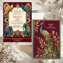 Auspicious Elephants Peacock Feather Ornate Indian 招待状