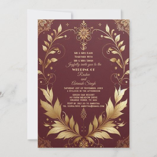 Auspicious Gold Ornate Maroon Leafy Swirls Indian 招待状 (正面)