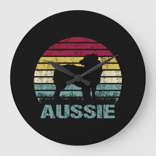 Aussie Australian Shepherd Retro Silhouette ラージ壁時計 (正面)