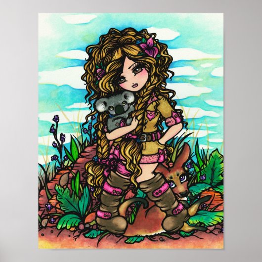 Aussie Girl Koala Kangaroo Art Australia Outback ポスター (正面)