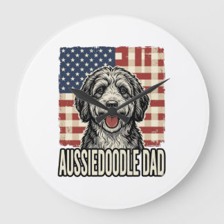 Aussiedoodle Dad Patriotic Vintage Dog Shirt Desig ラージ壁時計