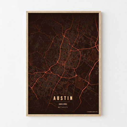 Austin Map Heatwave Texas City Poster Wallart Gift ポスター
