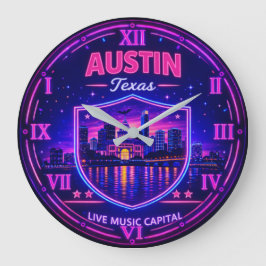 Austin Texas Neon Skyline  ラージ壁時計