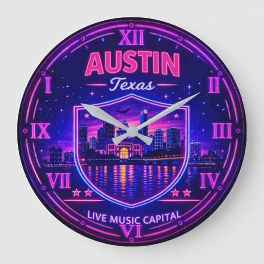 Austin Texas Neon Skyline ラージ壁時計 (正面)