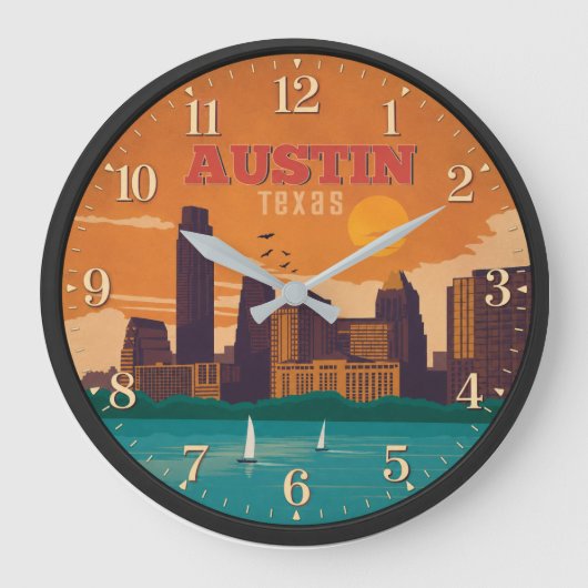 Austin Texas Skyline Sunset ラージ壁時計 (正面)