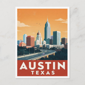 Austin Texas Skyline Vintage Travel Art ポストカード