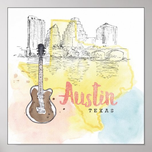 Austin,Texas | Watercolor Sketch ポスター (正面)