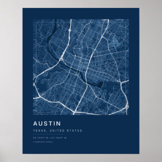 Austin TX都市地図印刷物 — ブループリントストリートマップ Wa ポスター