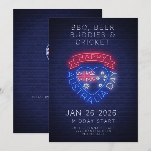 Australia Day Aussie Neon National Public Holiday 招待状 (正面/裏面)
